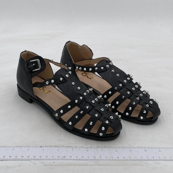 FSJ Black Studde Closed Toe Sandals Low Block Heel Woven Roman Ankle Strap Shoes - Picture 4 of 8